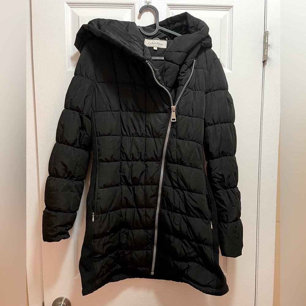 Calvin Klein Black Asymmetrical Zip Quilted Black Puffer Jacket Sz S